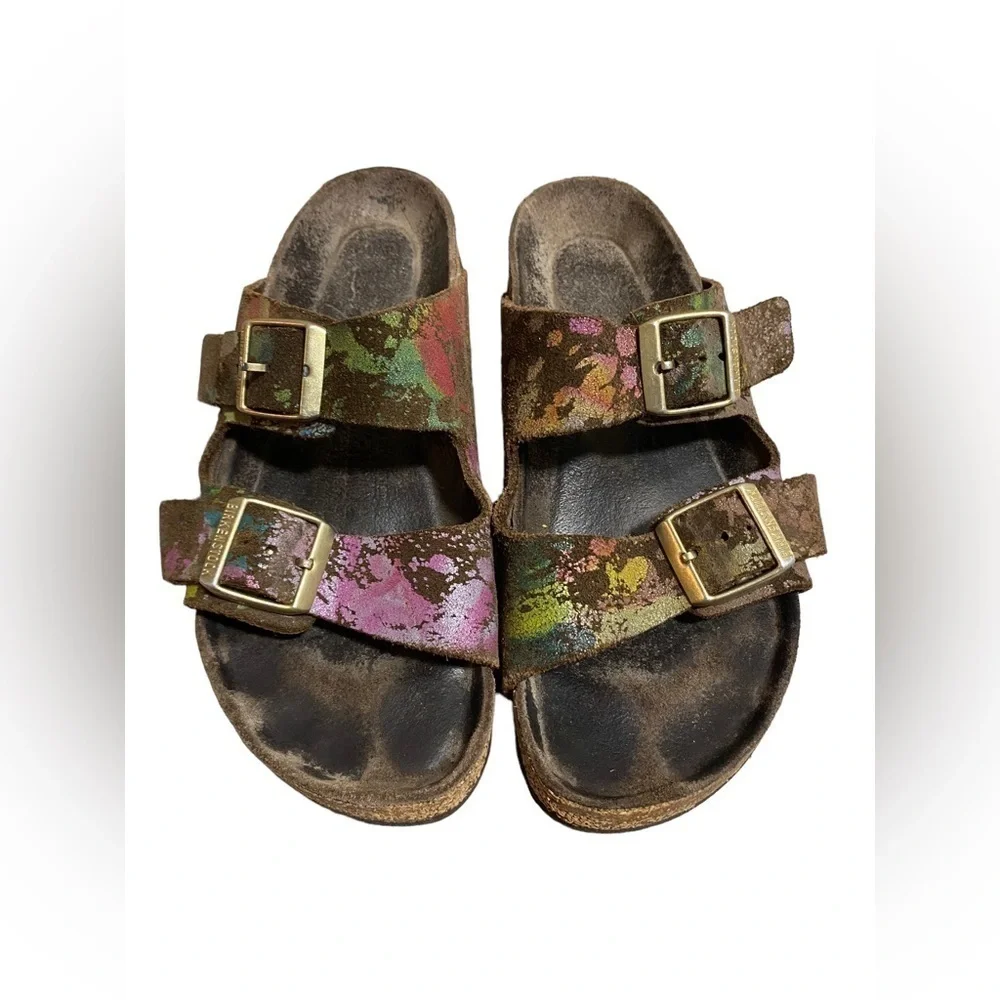 BIRKENSTOCK ARIZONA Flower Crush Mocca Leather Sandals Slide US5 EU36 UK3 Womens
